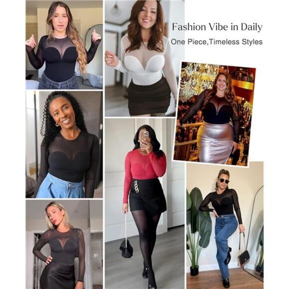 Long Sleeve Mesh Shapewear Bodysuit for Women Tummy Control Sheer Body Suits - Picture 8 of 12